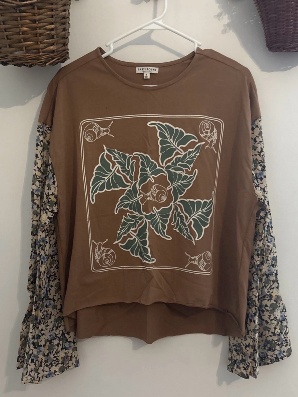 EARTHBOUND Brown Floral Graphic Top with Printed Contrast Sleeves